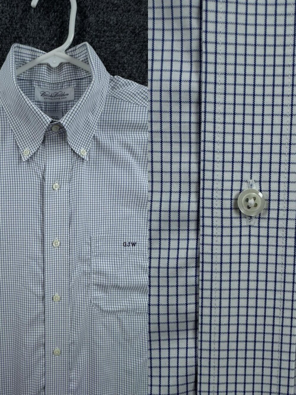 Brooks Brothers GJW Cotton Men 15.5 33 Button-Down Non-Iron Check White Blue